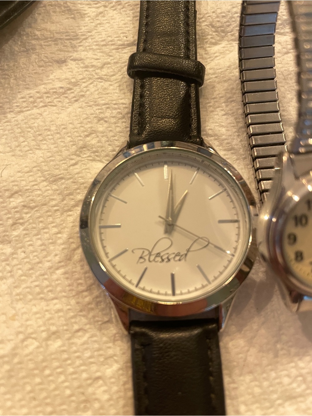 Blessed Men's Black Leather Strap Watch and smaller vintage watch with date wind